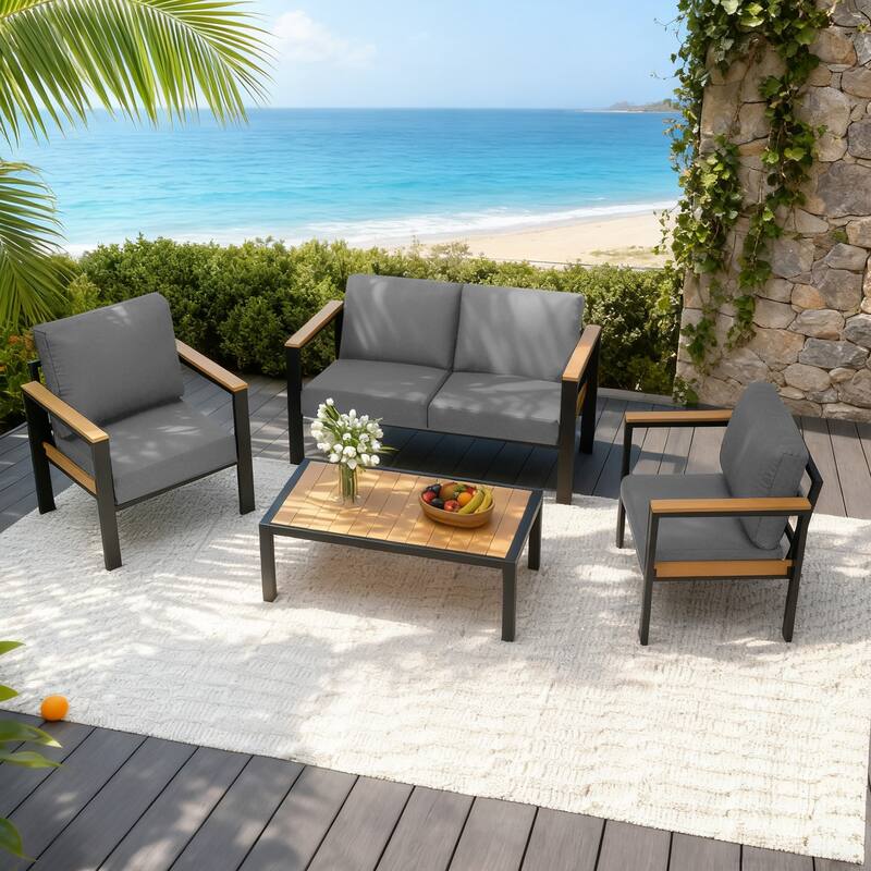4/5/7-Piece Patio Conversation Set with Table, All-Weather Aluminum Furniture for Outdoor Living - Gray/Black
