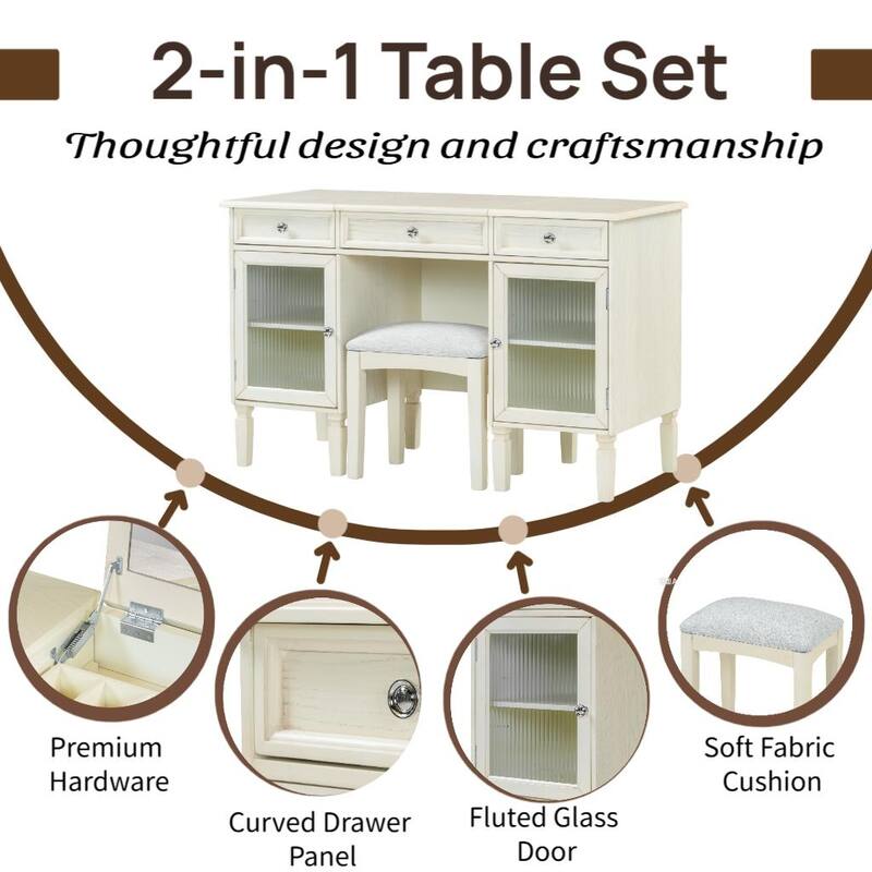 2-in-1 Makeup Vanity Writing Desk with Hidden Fold-Down Mirror & Cabinet, Computer Workstation Dressing Table Set with Stool