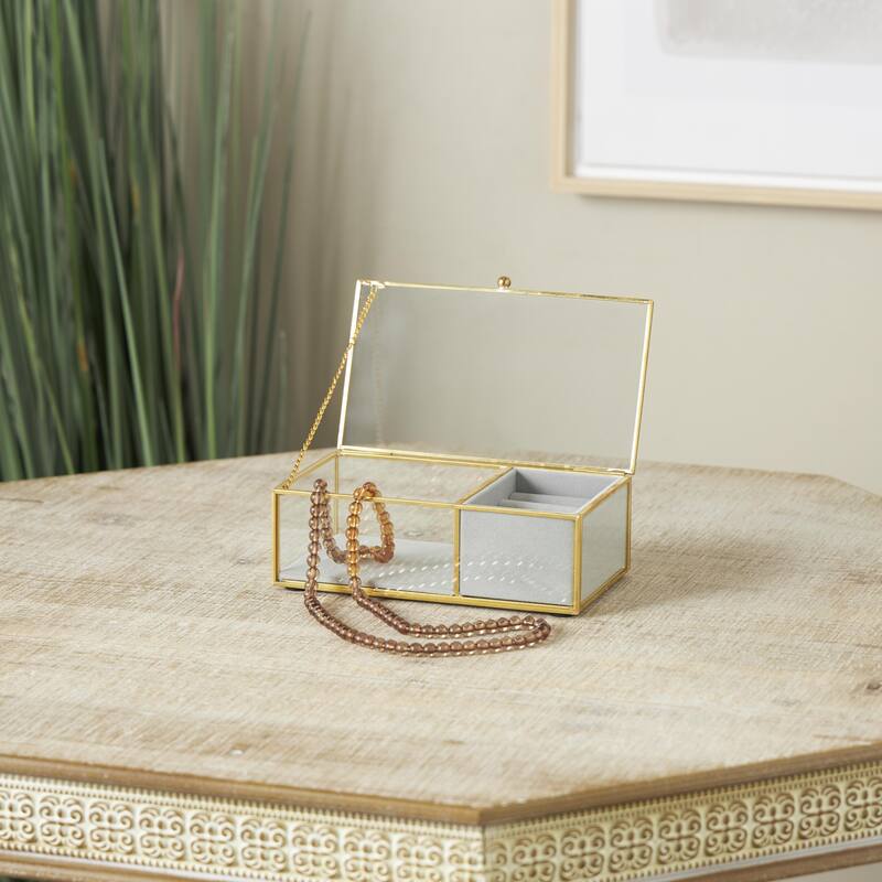 Glass Decorative Jewelry Box with Gold Metal Frame and Gray Fabric Interior with Ring Slots - Clear - Roche River Decor