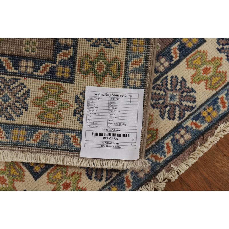Traditional Kazak Oriental Rug Handmade Grey Wool Carpet - 2'0"x 3'0"