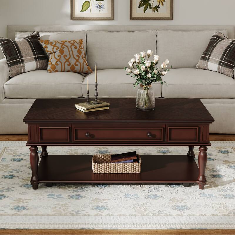 Roomfitters Farmhouse Coffee Table, Retro Wooden Center Table with Drawer, Wheels, and Solid Wood Legs - Espresso