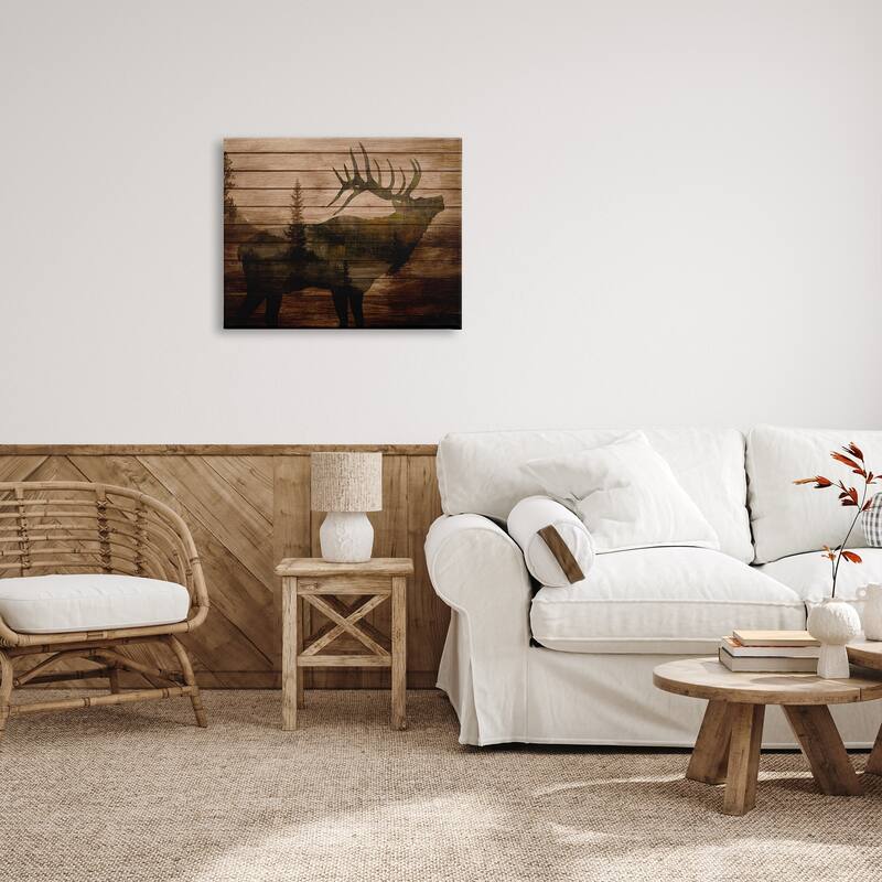 Stupell Forest Elk Silhouette Rustic Plank Pattern Tree Landscape Canvas Wall Art - Brown