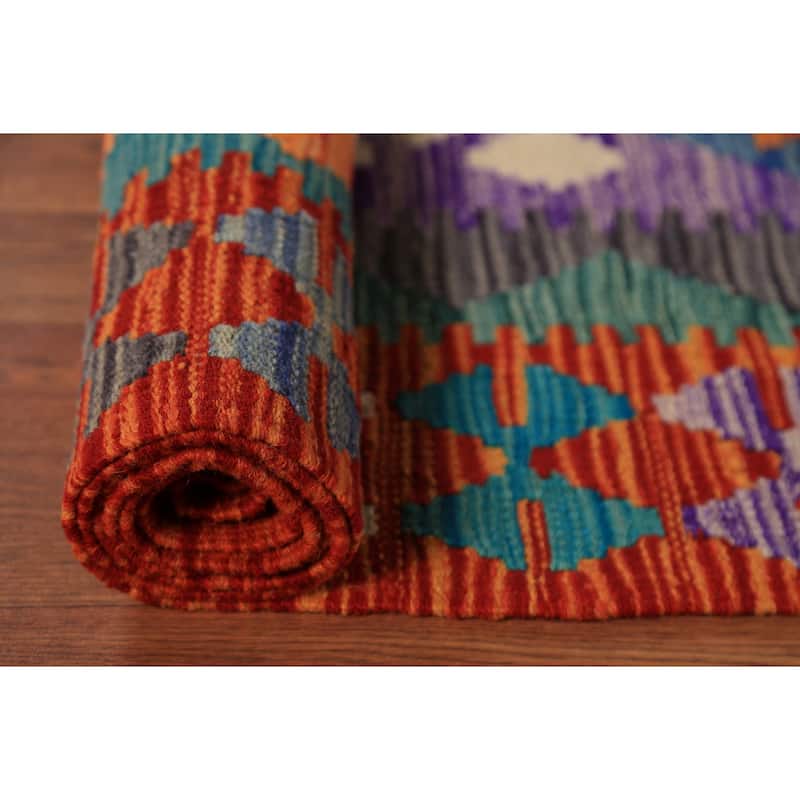 Multicolor Geometric Kilim Oriental Area Rug Hand-Woven Wool Carpet - 8'2" x 9'6"