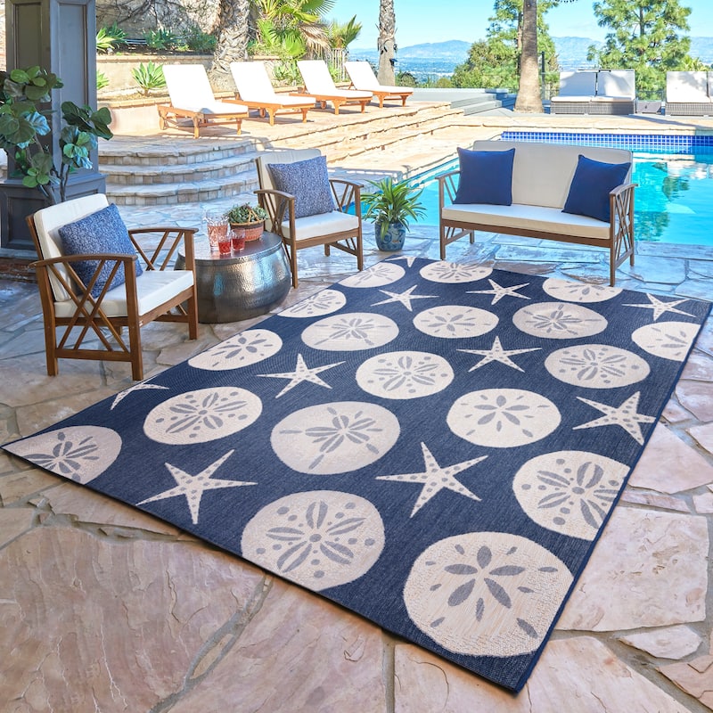 Gertmenian Solterra Nautical Coastal Tropical Weather Resistant Polypropylene Flatweave Indoor/ Outdoor Area Rug Collection - Solina Blue - 7'10"x10'