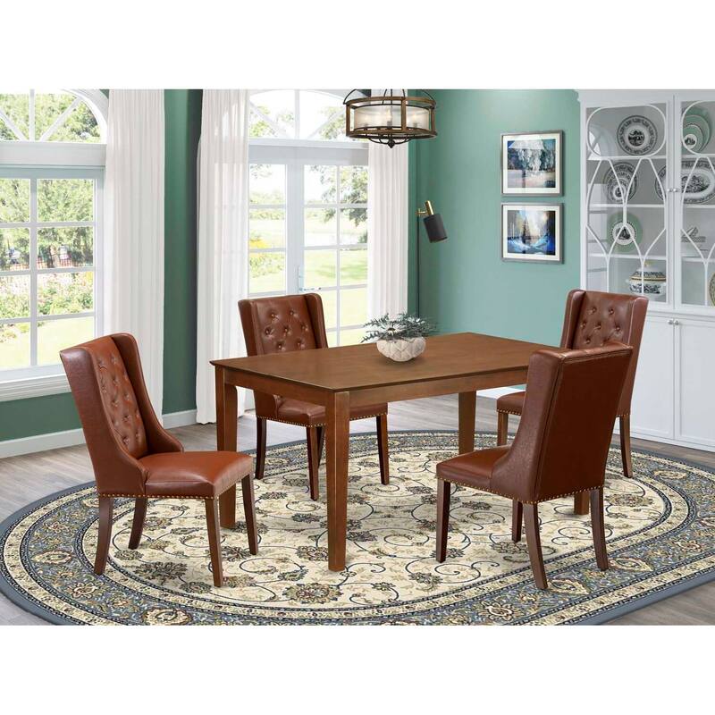 5-Piece Mahogany Finish Solid Wood Top Rectangular Button Tufted Dining Room Set (Seats-4)