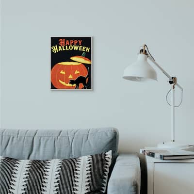Happy Halloween Pumpkin Cat Black Orange Word Design Framed Wall Art