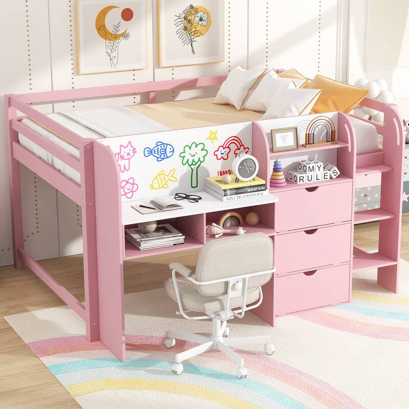 Full Size Low Loft Bed with Storage, Desk, Bookcase, and Graffiti Whiteboard for Kids