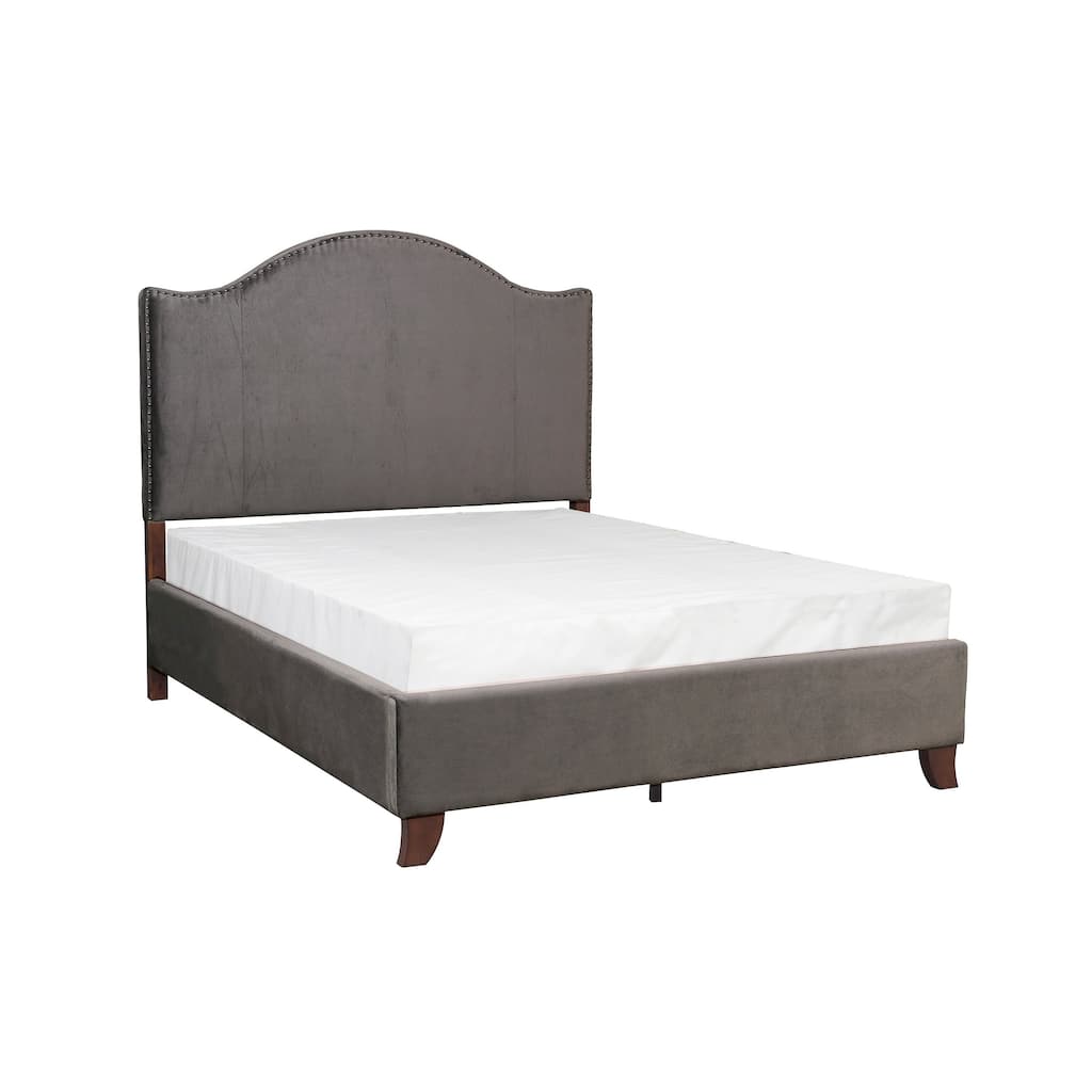 Gray Velvet Upholstered Full Bed with Camelback Headboard and Nailhead Trim
