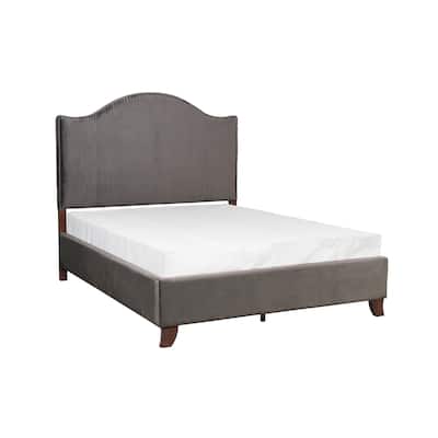 Queen Size Velvet Upholstered Panel Bed with Camelback Headboard and Nailhead Trim
