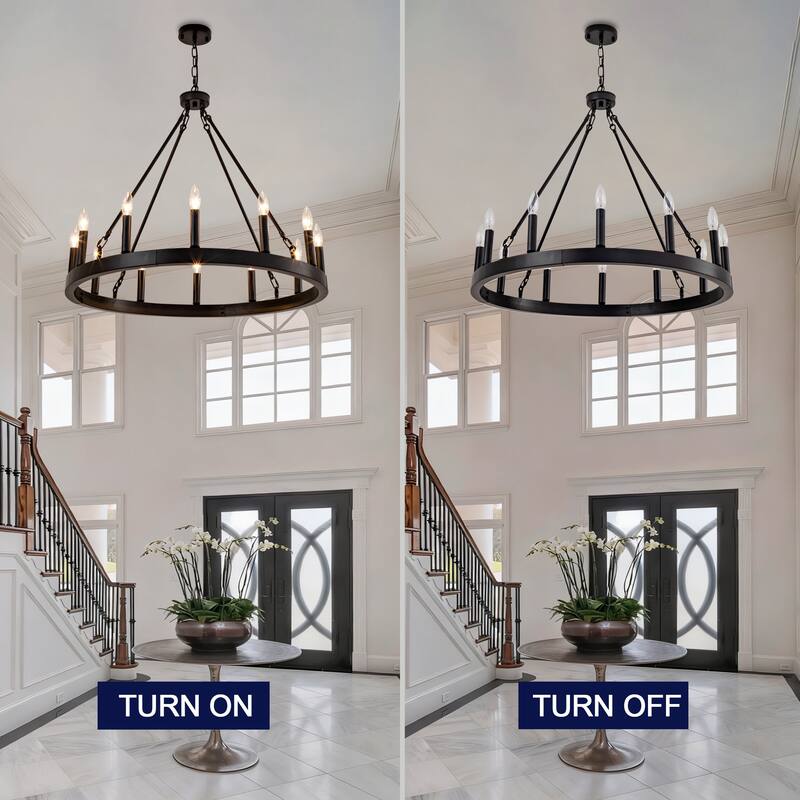 12-Light Wagon Wheel Chandelier, Vintage Ceiling Hanging Pendant Light Fixture