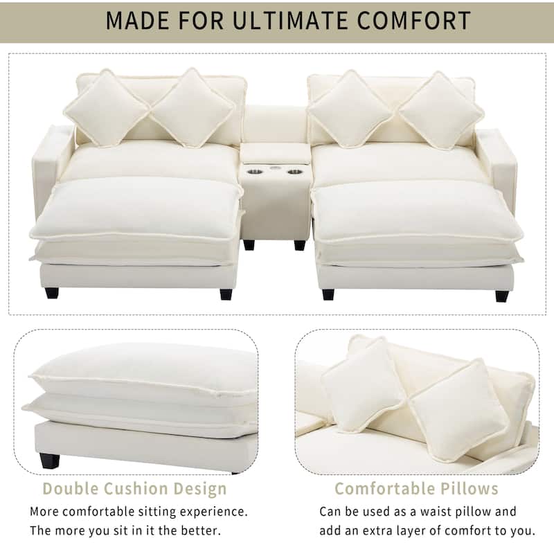 111" Chenille Sectional Sofa with 2 Ottomans, USB Ports and Storage - 4-Seater and Pocket Spring Cushions Cup Holders