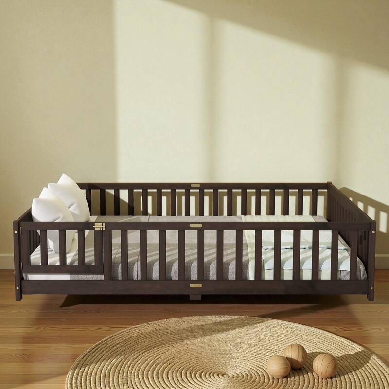 Queen Size Rubber Wood Floor Bed with Fence and Door, Montessori Platform Bed with Safety Guardrails for Kids
