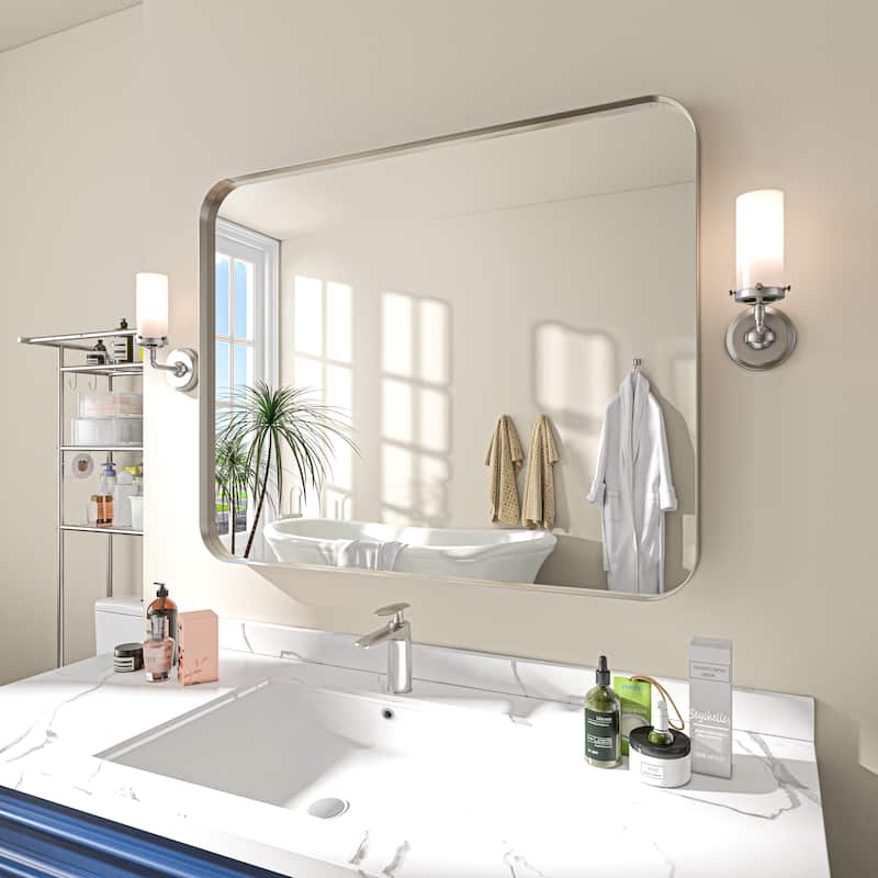 TOOLKISS Aluminum Alloy Round Corner Frame Vanity Mirror - 32 in. W x 40 in. H - Brushed Silver