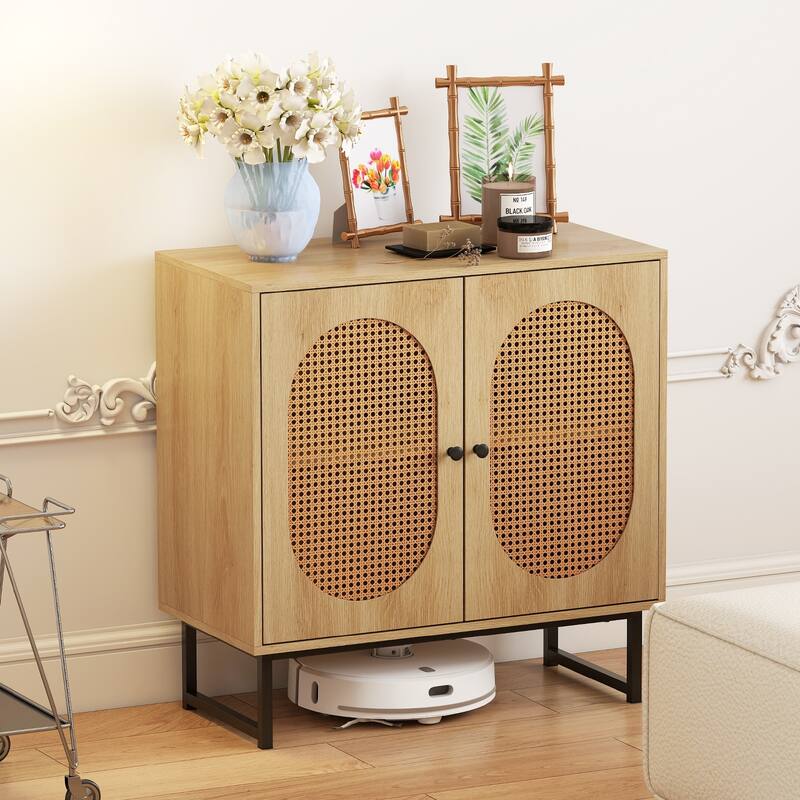 Engineered Wood Buffet Cabinet with PE Rattan Doors and Shelves - 31.5" x 16" x 32"