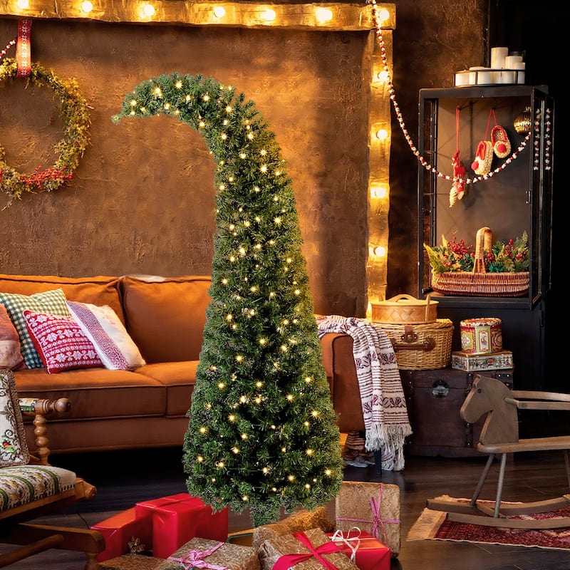 HOMCOM 6 ft Prelit Bent Top Christmas Tree, Slim High Mountain Fir Holiday Decor with 200 Warm White LEDs and with 8 Modes