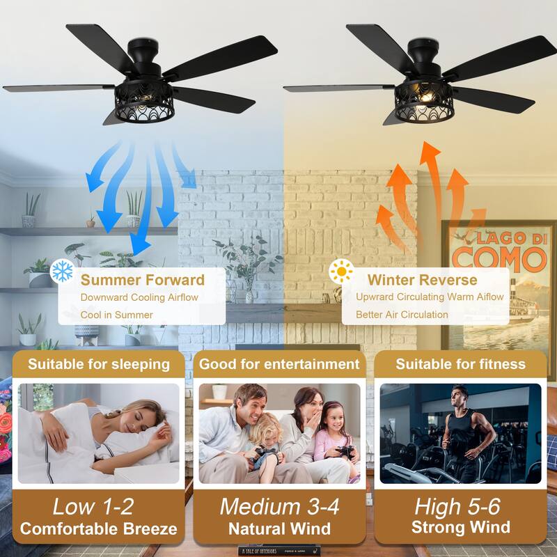Cusp Barn 52-In Farmhouse Flush Mount Ceiling Fan with Lights and Remote Control, Black Caged Low Profile Chandelier Ceiling Fan