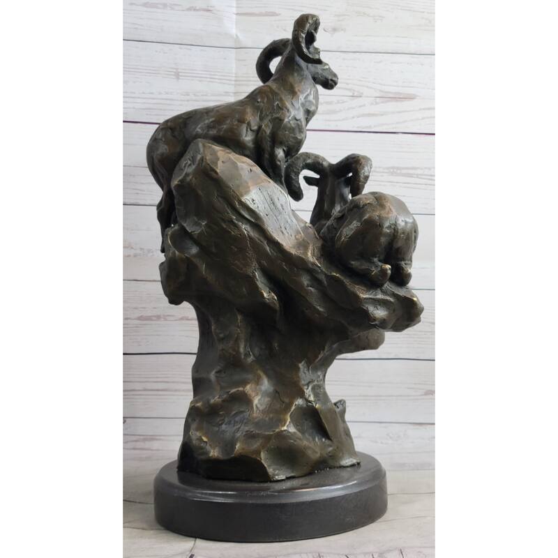 Rams Goats On Rocks Bronze Sculpture Statue Wildlife Art Decor On Marble Base