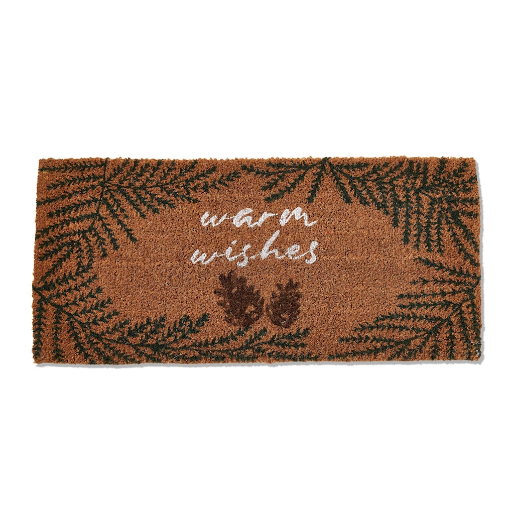 1'6"x3'3" Warm Wishes Sentiment Pine Cone Rectangle Indoor Outdoor Estate Coir Door Welcome Mat Green on Brown Background