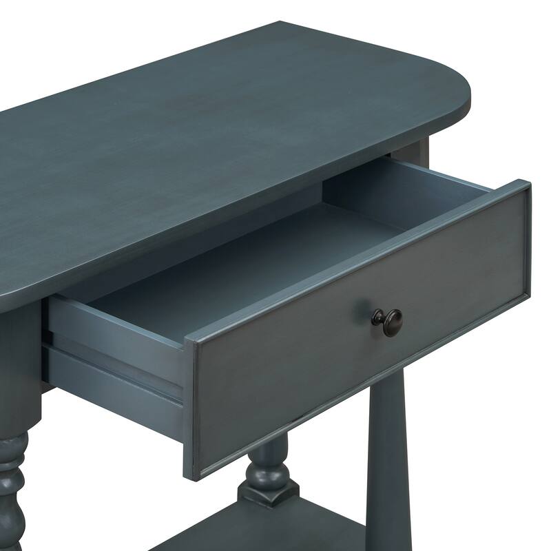 Narrow Console Table with Curved Corner, Retro Entryway Table with Top Drawer and Open Shelf
