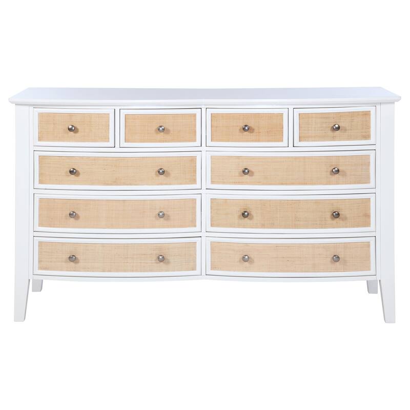 Heo Wide Dresser, 10 Drawers, Rattan Woven Curved Front, White Wood