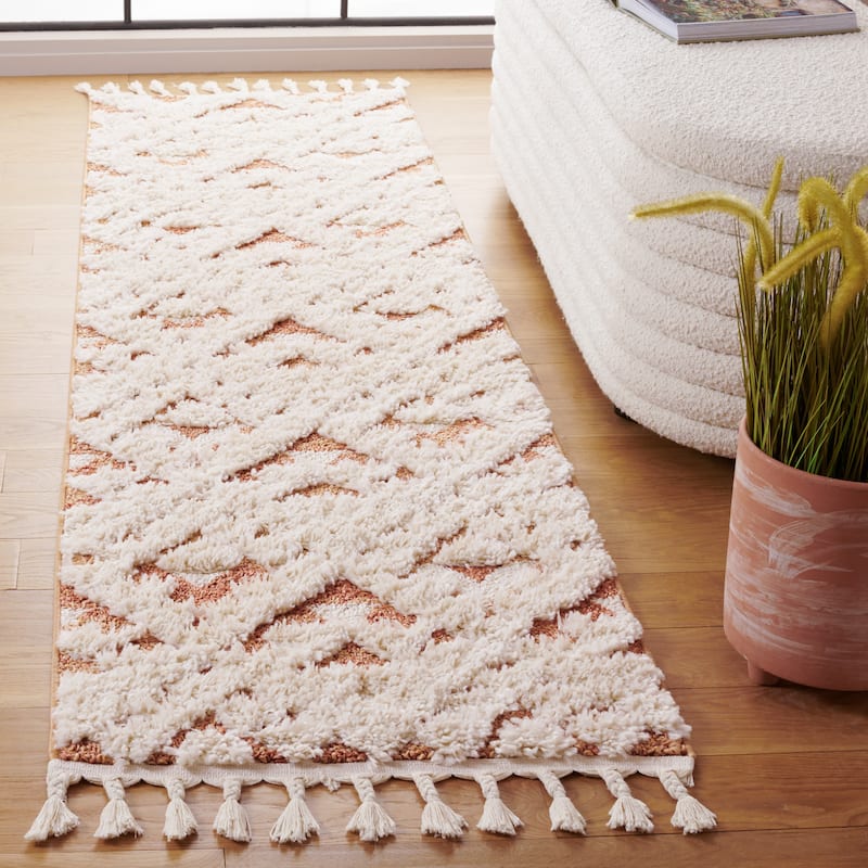SAFAVIEH Moroccan Tassel Shag Delores 2-inch Thick Rug - 2'3" x 10' Runner - Ivory/Brick Rust