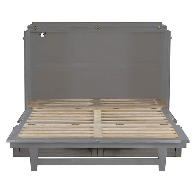 Gray Full Size Modern Style Murphy Bed with Large Versatile Storage Drawers and USB Ports for Bedroom