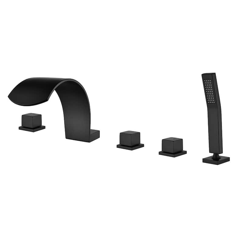 Deck Mount Waterfall Tub Faucet With Handheld Shower Brass Roman Bathtub Faucet Modern Tub Filler With Hnad Sprayer - Matte Black