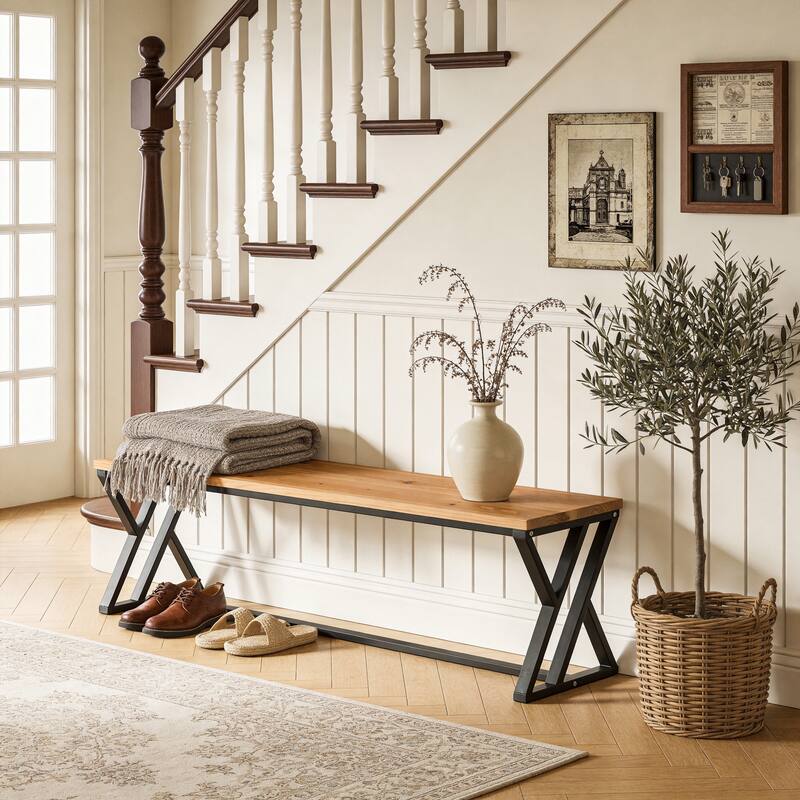 Solid Wood Entryway Bench With Metal Legs