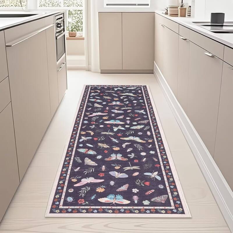 Floral Insect Print Washable Area Rugs for Living Room, Modern Non Slip Low Pile Area Rug - 2'x6' - Black