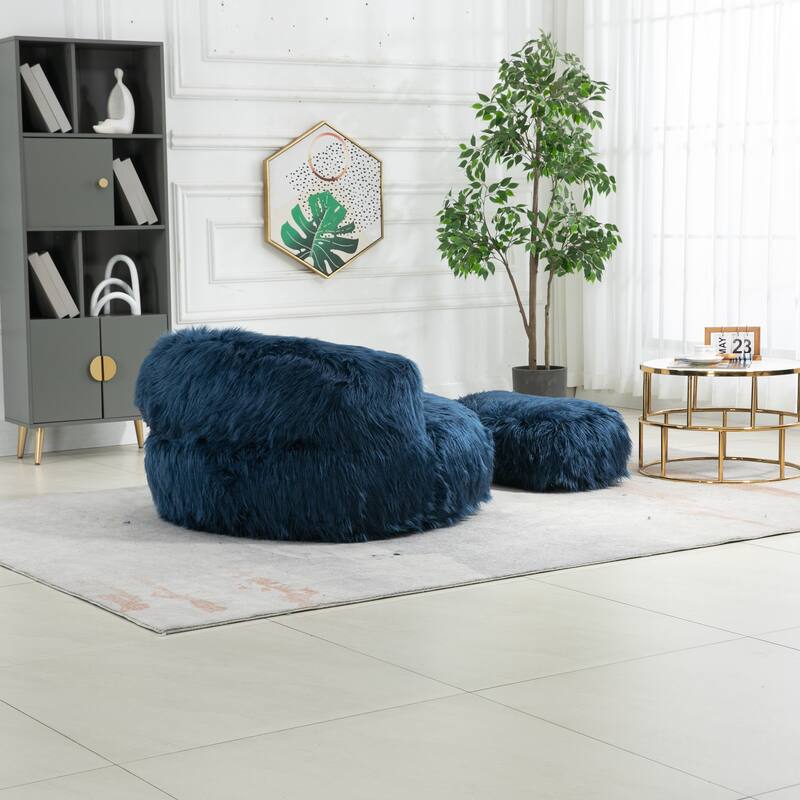 Fluffy Bean Bag Chair with Ottoman, Comfy Bean Bag Lounger for Adults and Kids, Ultra Soft Lazy Sofa Chair with Memory Foam