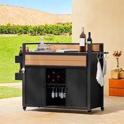 52.8"W Wicker Outdoor Grill Cart with Extended Plastic Wood Table Top