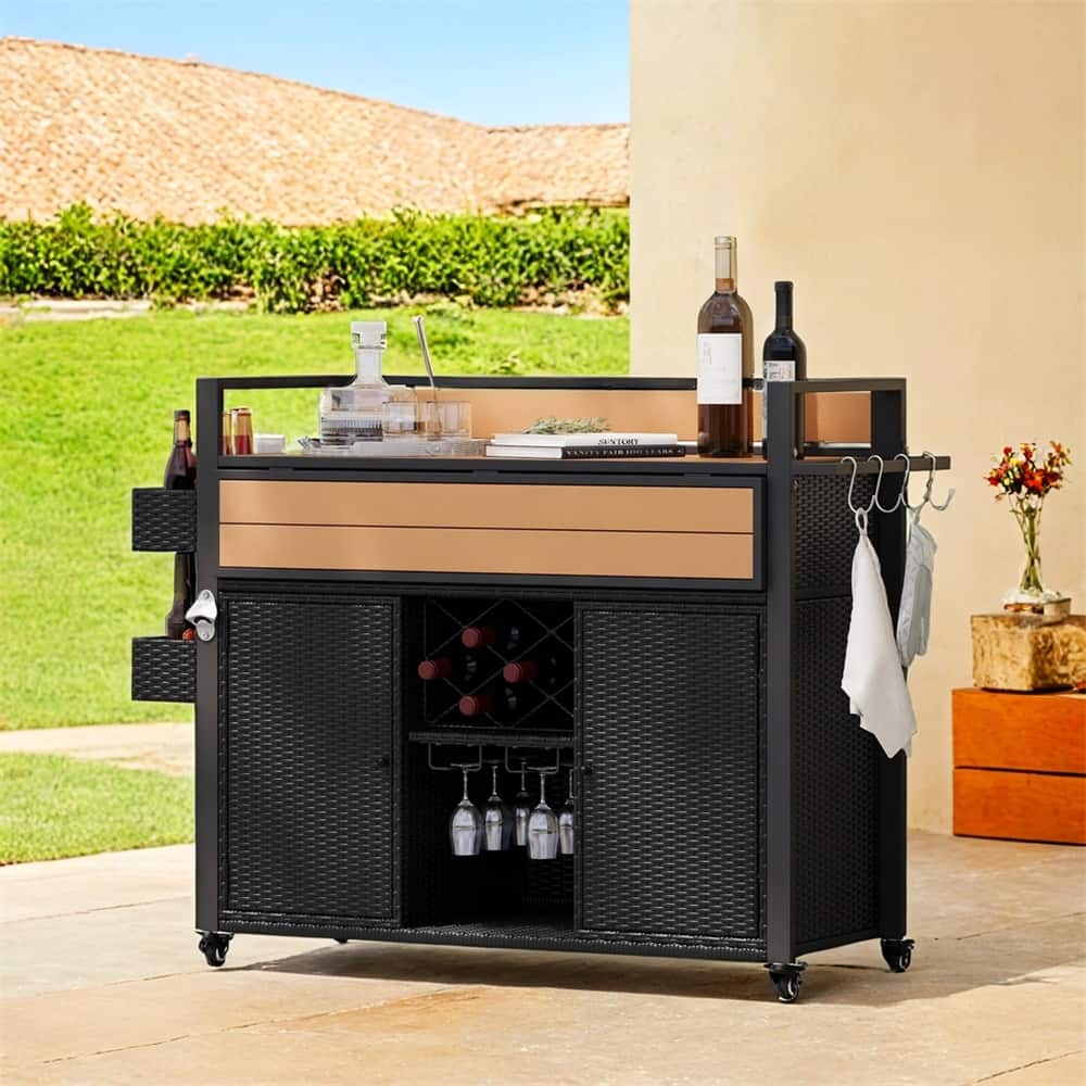 52.8"W Wicker Outdoor Grill Cart with Extended Plastic Wood Table Top