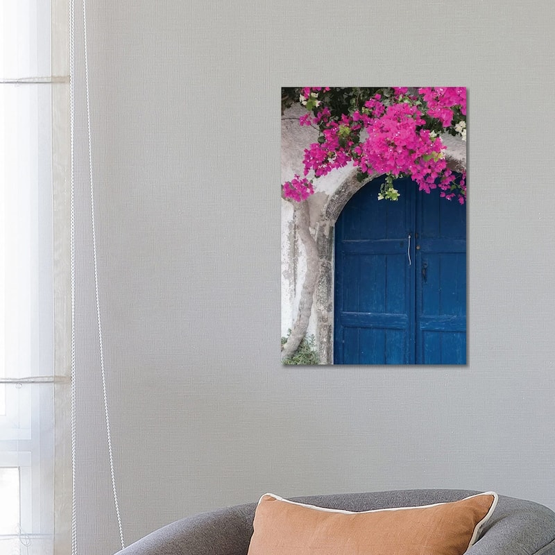 iCanvas "Greece, Santorini. Weathered blue door is framed by bright pink Bougainvillea blossoms." by Brenda Tharp Canvas Print - 26x18x1.5