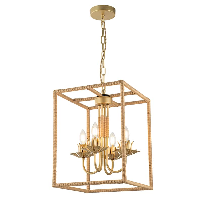 Mila 4-Light Gold Woven Rattan Chandelier - 13 In. Wide