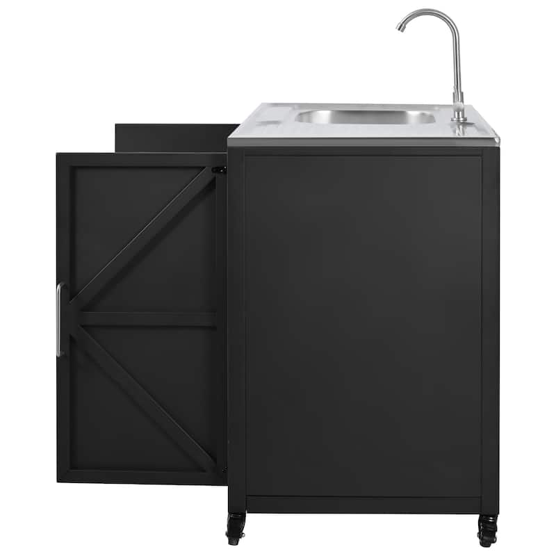 Outdoor Movable Kitchen Stainless Steel Tabletop Sink with Adjustable Rotating Faucet, Outdoor Cupboard with Lockable Wheels