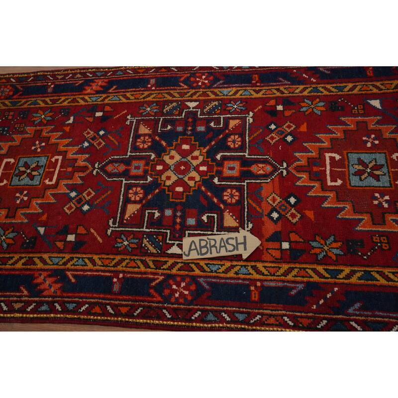 Hand Knotted Oriental 100% Wool Carpet Traditional Geometric Red Heriz Runner Rug - 9' 11'' X 3' 3''