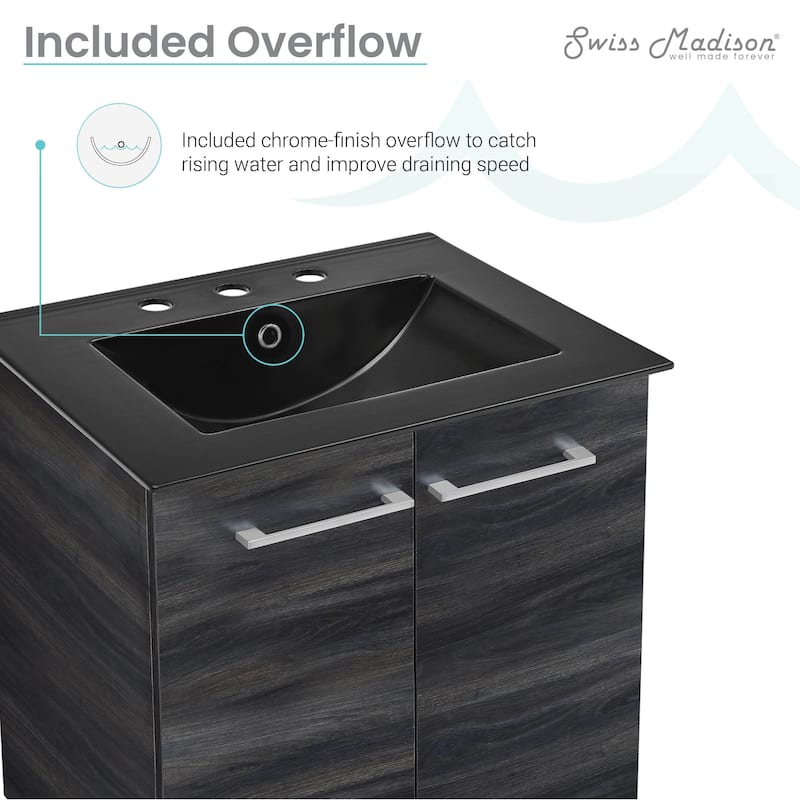 Annecy 24 In. Black Walnut Bathroom Vanity With Black, 3-Hole Ceramic Sink Top