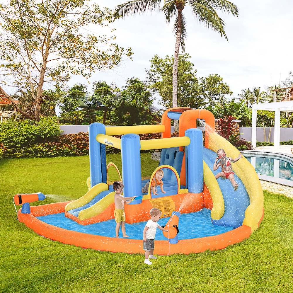 Outsunny 5-in-1 Kids Inflatable Bounce House Jumping Castle with Water Pool, Slide, Climbing Walls, & 2 Water Guns