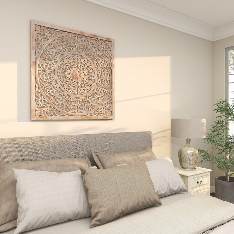 Wooden Floral Handmade Carved Scroll Mandala Home Wall Decor with Brown Distressing - Gray - Roche River Decor