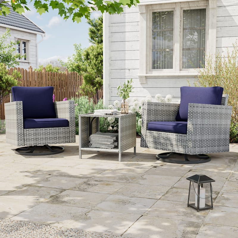 BONOSUKI 3Pcs Patio Swivel Rocking Sofa Set Grey Rattan w/Side Table - Navy Blue