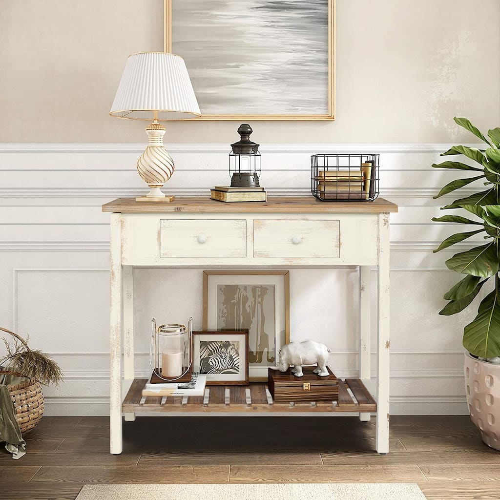 Vintage 2 Drawers Storage Entryway Console Table with Bottom Shelf