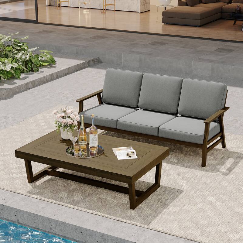 Modern Wood Outdoor Patio Sofa Loveseat with Cushion - Sofa Set - Grey