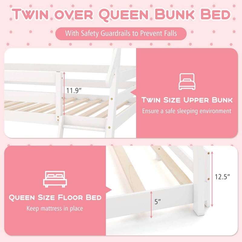 Costway Twin Over Queen Bunk Bed House Shaped Bed Frame with Climbing - See Details