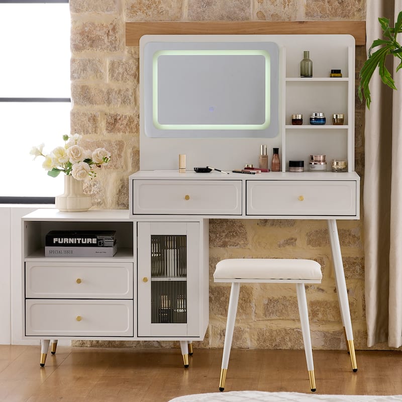 Modern Makeup Vanity Set with PU Cushioned Stool, Retractable Dressing Table Vanity Desk with Mirror, Light & Power Outlet