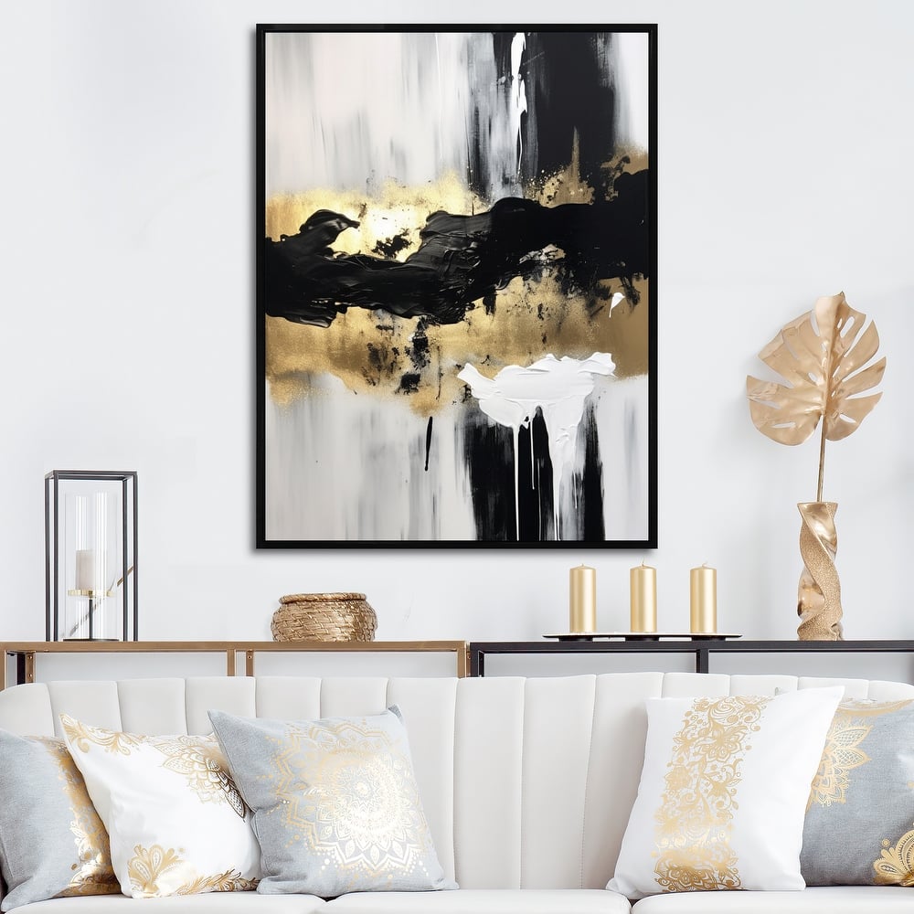 Designart "Minimal Joy In Black And Gold IX" Abstract Painting Framed Canvas Wall Art