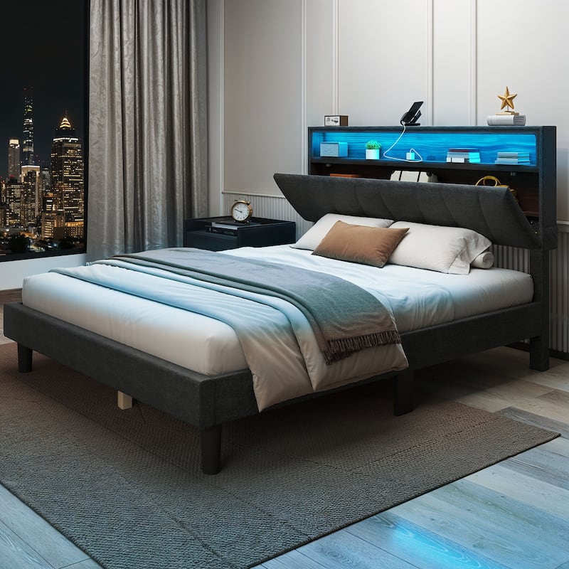 LED Bed Frame with Storage Headboard and Charging Station