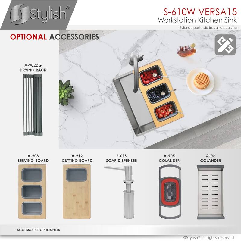 STYLISH 15 inches L x 19 inches W Single Bowl Undermount 16G Stainless Steel Kitchen Sink with Built in Accessories Handmade