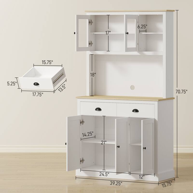 HOMCOM Kitchen Pantry Storage Cabinet with Microwave Stand, 71" Modern Kitchen Hutch with Glass Doors, Storage Drawers