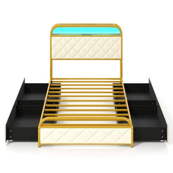 slide 2 of 7, Golden Metal Twin Platform Bed with LED Lights Storage Headboard and Drawers Gold