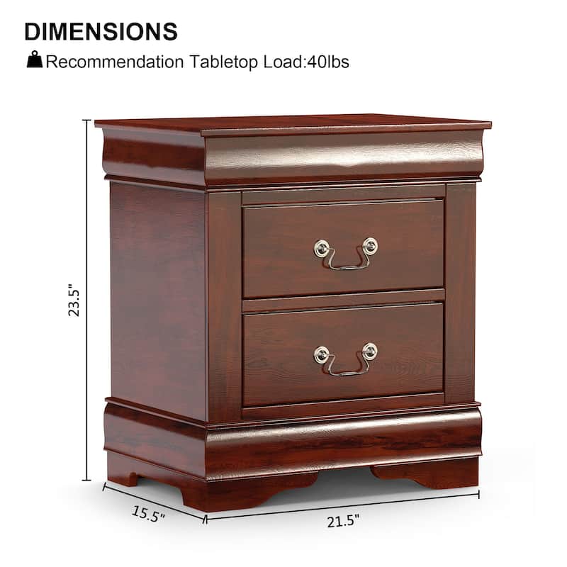 Modern Dark Cherry Solid Wood 2-Drawer Nightstand Bed Side Table